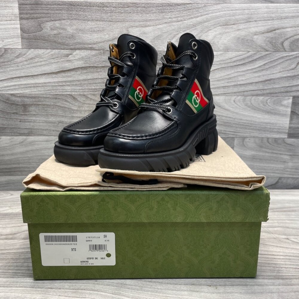 Gucci Quebec Calfskin Web Interlocking G Lace-Up Combat Boots 38